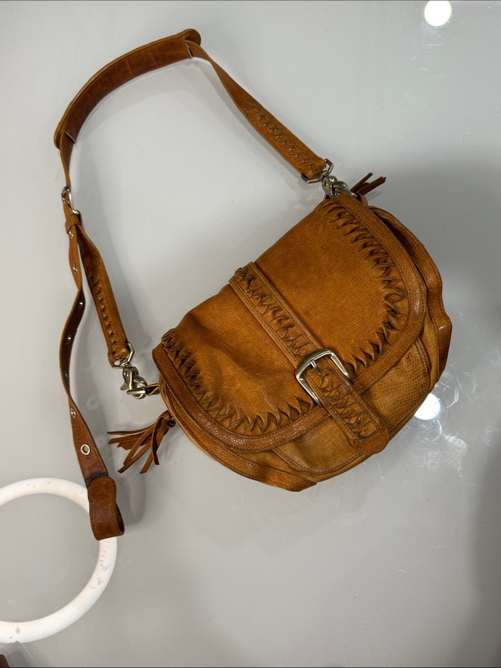 Junior Drake Tan Whipstitch Leather Crossbody Bag